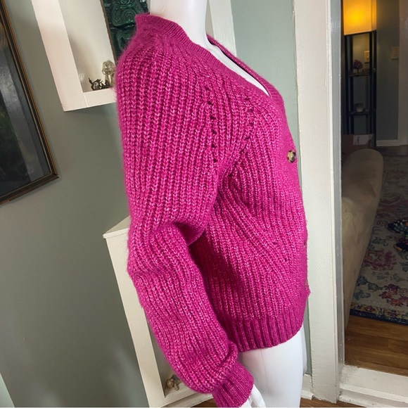 LOFT Fuchsia Pointelle Button-Up Sweater Cardigan Large Fuzzy - Picture 6 of 12